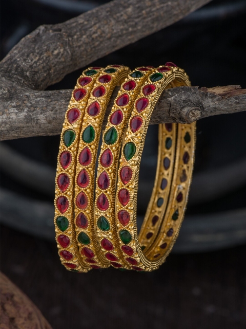 

Alankruthi Set Of 4 Gold-Plated Pink & Green Stone-Studded Temple Bangles