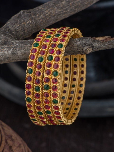 

Alankruthi Set Of 4 Gold-Plated Pink & Green Stone-Studded Temple Bangles
