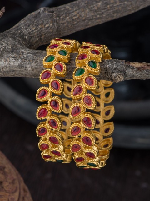 

Alankruthi Set Of 2 Gold-Plated Pink & Green Stone-Studded Temple Bangles