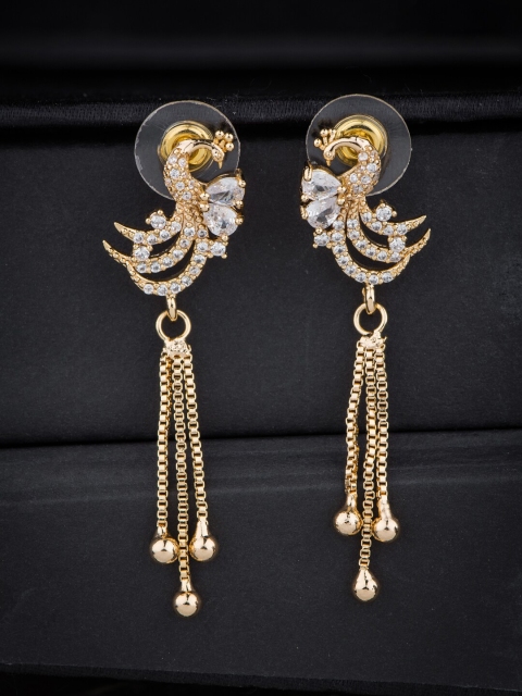 

Alankruthi Gold-Toned Artificial Stone Studded Peacock Shaped Drop Earrings