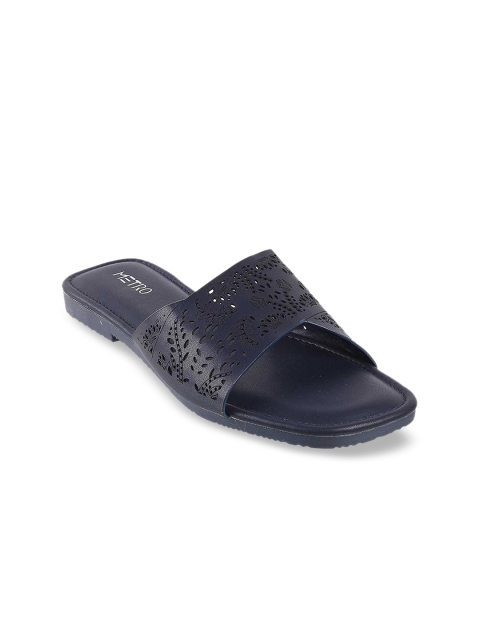 

Metro Women Navy Blue Textured Open Toe Flats