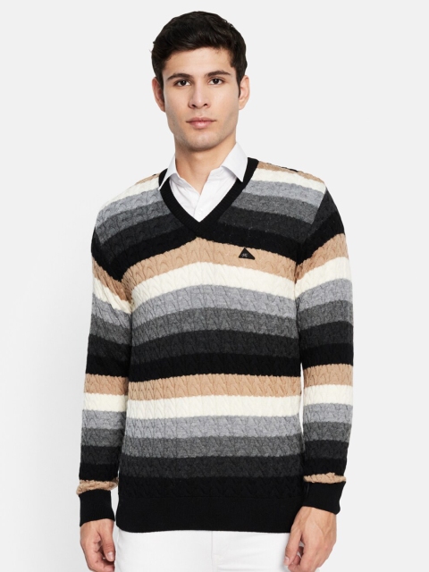 

Monte Carlo Men Black & Grey Striped Pure Wool Pullover