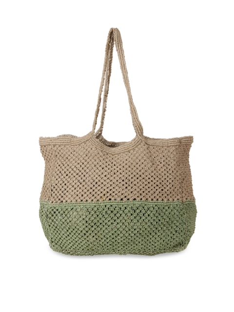 

Diwaah Beige & Green Colourblocked Oversized Shopper Pure Cotton Hobo Bag With Cut Work