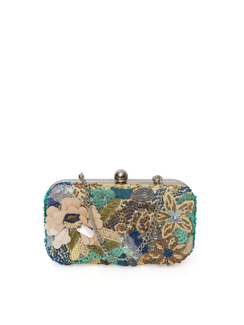 

Diwaah Green & Beige Embellished Box Pure Cotton Clutch