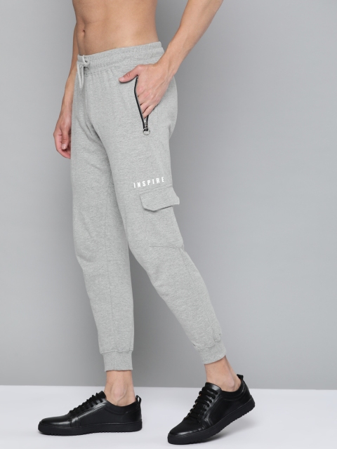 

HERE&NOW Men Grey Melange Pure Cotton Solid Cargo Joggers