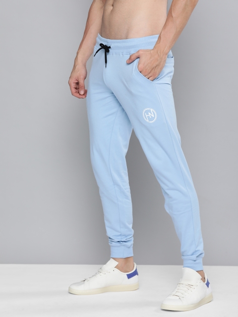 

HERE&NOW Men Turquoise Blue Brand Logo Printed Pure Cotton Regular Joggers