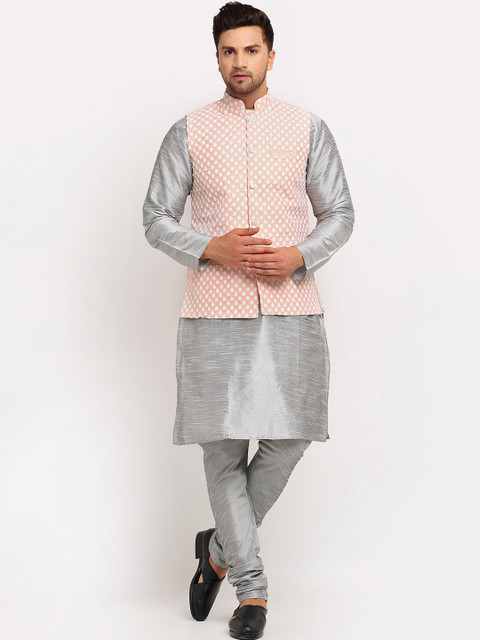 

KRAFT INDIA Men Silver-Toned Regular Dupion Silk Kurta with Churidar With Nehru Jacket