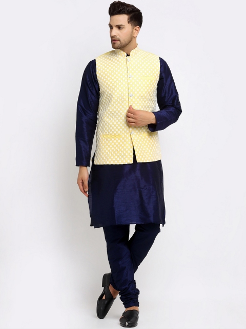 

KRAFT INDIA Men Navy Blue Kurta and Churidar with Embroidered Yellow Nehru jacket