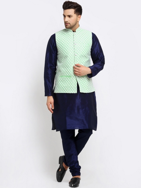 

KRAFT INDIA Men Navy Blue Kurta and Churidar with Embroidered Green Nehru jacket