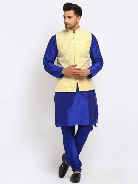

KRAFT INDIA Men Navy Blue Thread Work Dupion Silk Kurta with Churidar