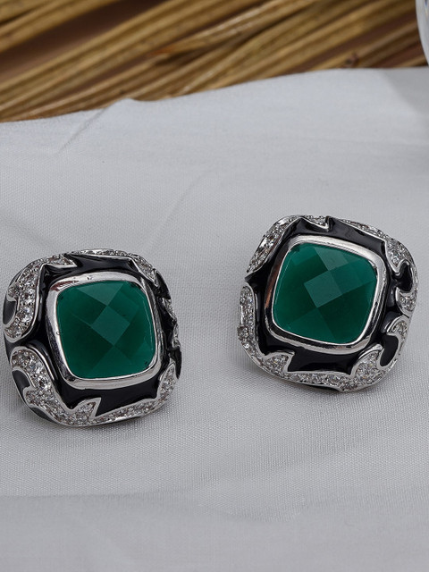 

Queen Be Silver-Toned & Green Contemporary Studs Earrings