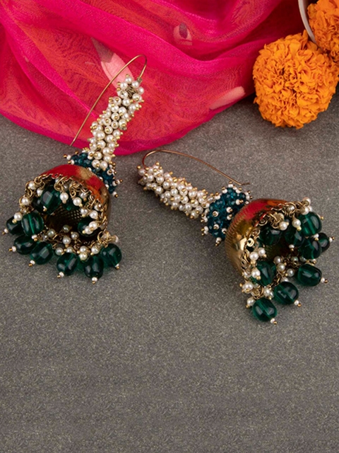 

Queen Be Gold-Toned & Green Contemporary Jhumkas Earrings