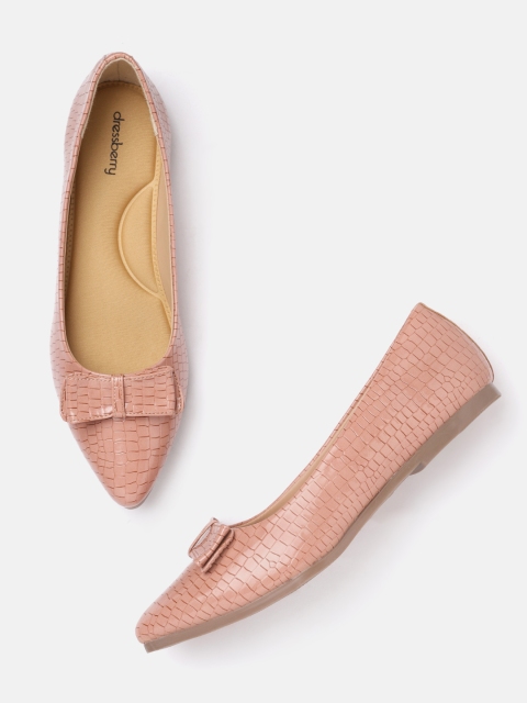 

DressBerry Women Peach-Coloured Croc Textured Ballerinas with Bow Detail