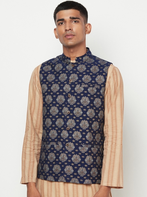

Fabindia Men Navy Blue & Beige Printed Pure Cotton Woven Nehru Jacket