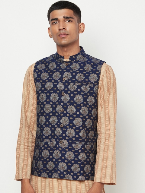 

Fabindia Men Navy Blue & Silver Printed Woven Nehru Jacket