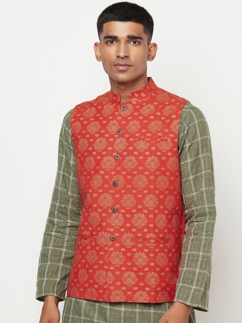 

Fabindia Men Red & Gold-Coloured Pure Cotton Woven Nehru Jacket