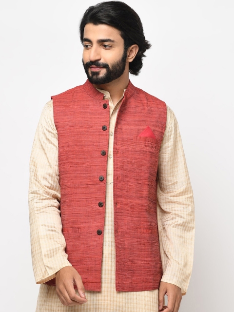 

Fabindia Men Red Woven Design Nehru Jacket