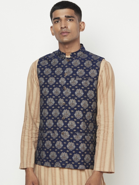 

Fabindia Men Navy Blue & Grey Printed Pure Cotton Woven Nehru Jacket