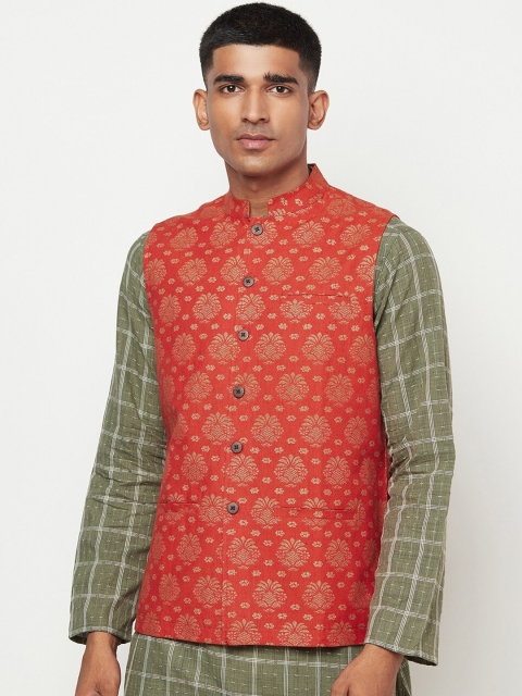 

Fabindia Men Red & Gold-Coloured Printed Pure Cotton Woven Nehru Jacket