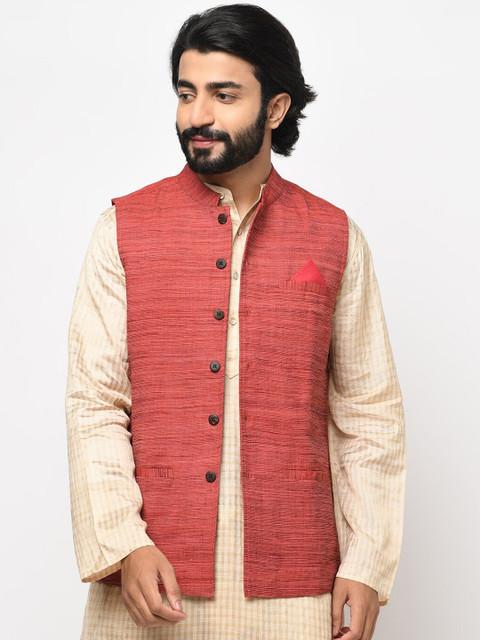 

Fabindia Men Red Woven Design Nehru Jacket