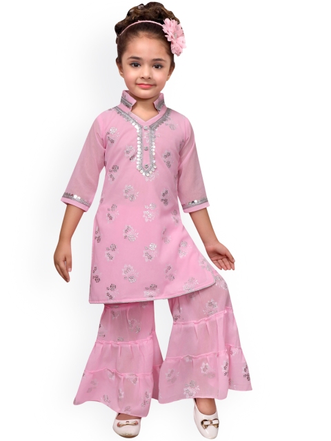 

SKY HEIGHTS Girls Pink Floral Printed Regular Kurti with Sharara