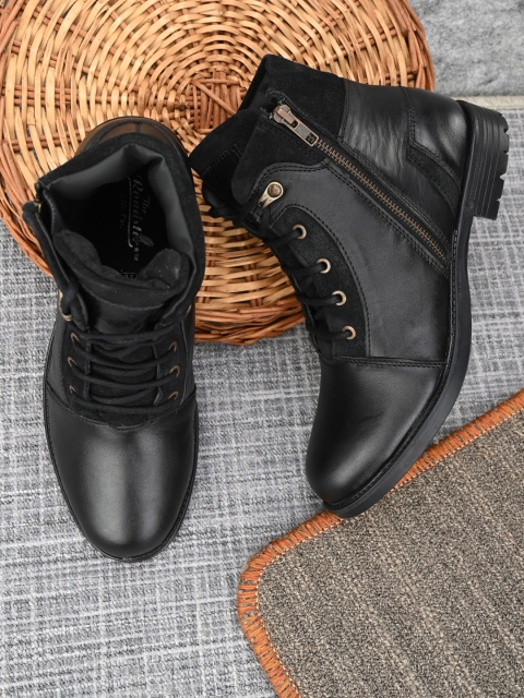 

The Roadster Lifestyle Co Men Black Textured Leather Flat Boots