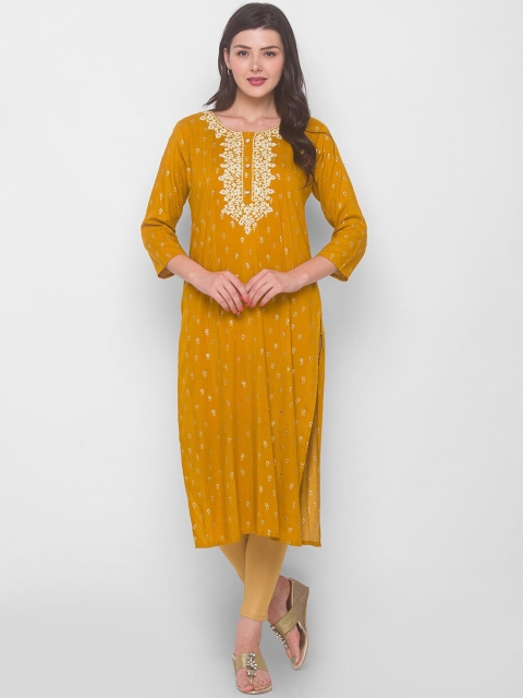 

ZOLA Women Mustard Yellow Geometric Striped Flared Sleeves Thread Work Anarkali Kurta