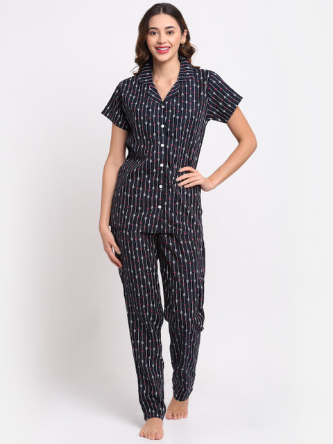 

Boston Club Women Navy Blue & White Printed Pure Cotton Night suit