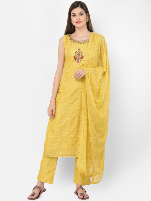 

Neerus Women Yellow Embroidered Chanderi Cotton Kurta with Trousers & With Dupatta