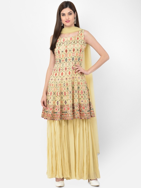 

Neerus Women Beige & Red Floral Pleated Silk Georgette Kurta With Sharara & Dupatta