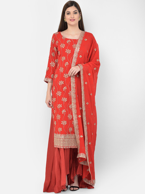

Neerus Women Red Floral Printed Regular Silk Georgette Kurta with Sharara & With Dupatta