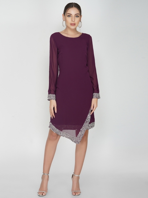 

ATTIC SALT Women Purple & Silver-Toned Embellished Sheath Dress