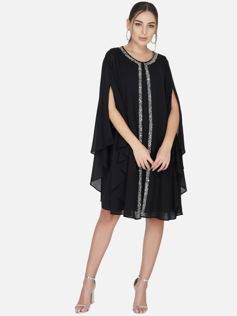 

ATTIC SALT Women Black & Silver-Toned Embellished Layered Georgette A-Line Dress
