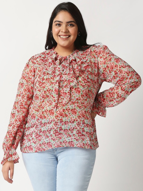 

20Dresses Multicoloured Floral Tie-Up Neck Bell Sleeves Ruffles Georgette Top, Multi