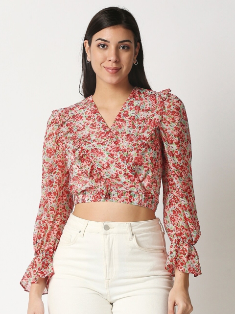 

20Dresses Multicoloured Floral Ruffles Georgette Regular Crop Top, Multi