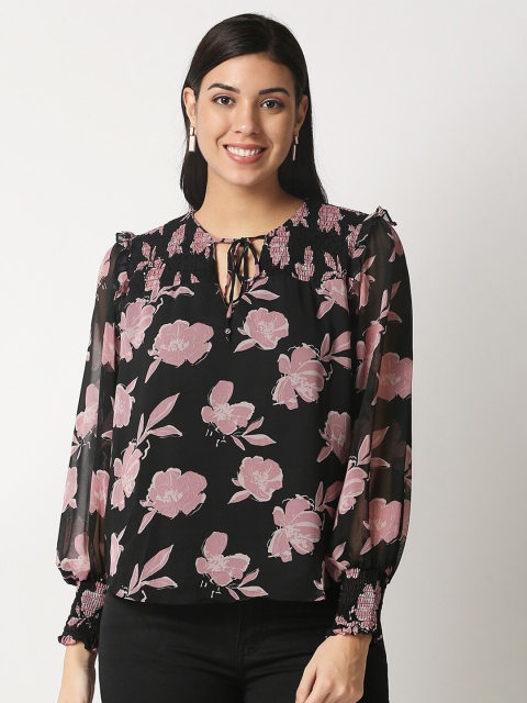 

20Dresses Black & Pink Floral Tie-Up Neck Ruffles Georgette Regular Top