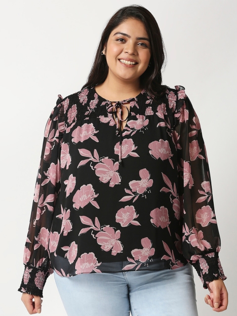 

20Dresses Black & Pink Floral Tie-Up Neck Bishop Sleeves Ruffles Georgette Top