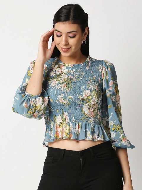 

20Dresses Blue Floral Chiffon Regular Crop Top