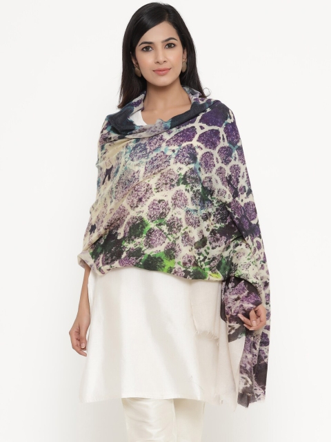 

THE AAB STUDIO Women Off White & Purple Honey Comb Print On Pashmina Woolen Stole