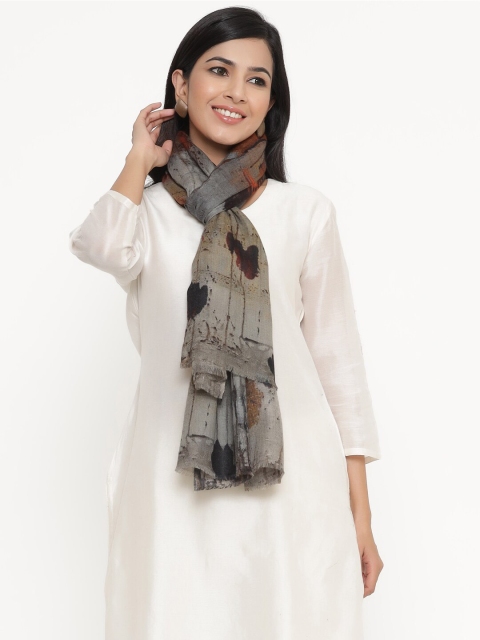 

THE AAB STUDIO Women Grey & Yellow Abstract Print On Pashmina Stole