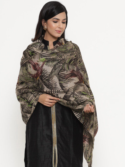 

THE AAB STUDIO Women Brown & Beige Palm Leaf & Bird Printed Pashmina Stole