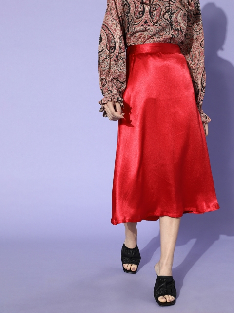 

STALK Women Gorgeous Red Solid Satin Skirt