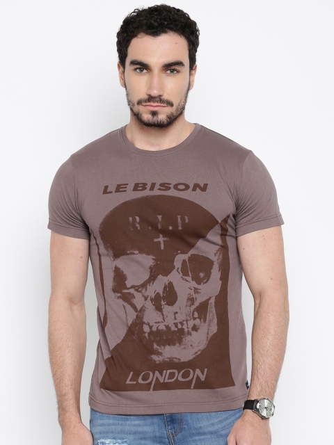 

Le Bison Men Coffee Brown Printed T-shirt
