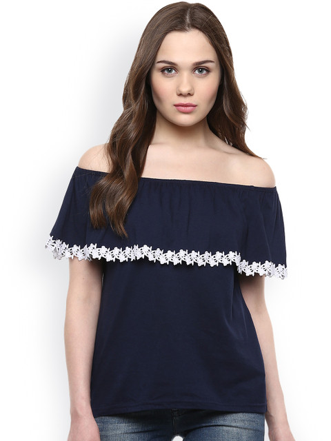 

Harpa Women Navy Solid Off-Shoulder Top, Navy blue