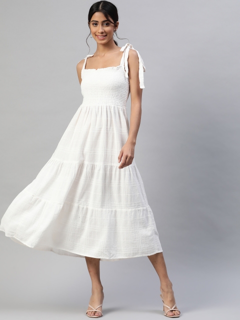 

RUNWAYIN White Cotton Smocked Midi Dress