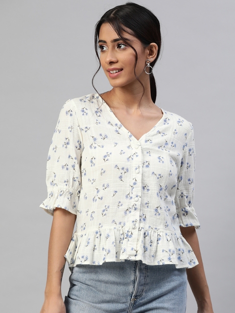 

RUNWAYIN White & Blue Pure Cotton Floral Peplum Top