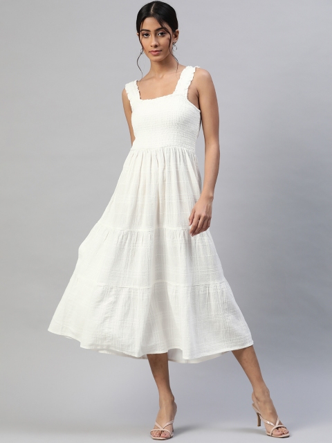 

RUNWAYIN White Cotton Smocked Fit & Flare Midi Dress