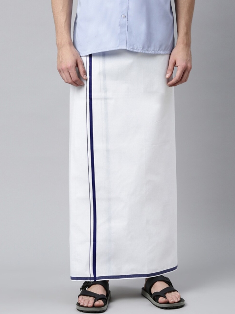 

WHITE HEART Men White & Navy Blue Solid Pure Cotton Single Dhoti