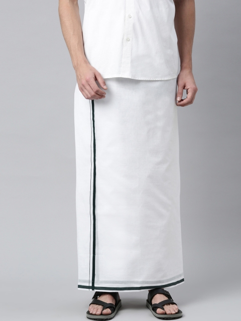 

WHITE HEART Men White & Green Bold Border Pure Cotton Single Dhoti