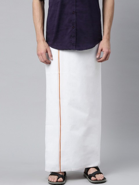 

WHITE HEART Men White & Rust Orange Coloured Solid Pure Cotton Single Dhoti